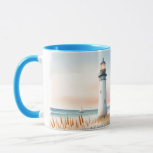 Vuurtoren en huisje aan zee aquarel scène mok