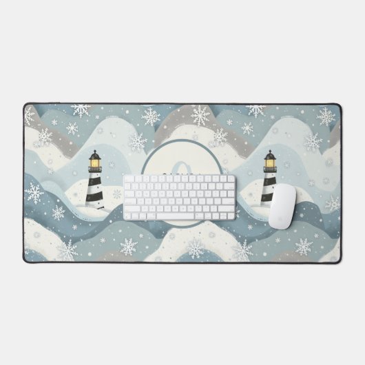 Vuurtoren en ijzige golven Winter Nautisch Monogra Bureaumat (Keyboard & Muis)