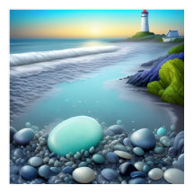 Vuurtoren en kleurrijke steentjes bij zonsopgang