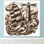 Vuurtoren en schip op het Zee -  gegraveerd Canvas Afdruk (Insitu (Houten vloer))