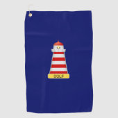 Vuurtoren en tekst op marineblauw golfhanddoek (Voorkant)