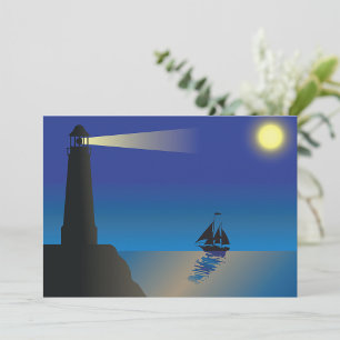 Vuurtoren en zeilboot bij nacht maanverlichte ocea kaart