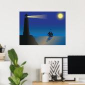 Vuurtoren en zeilboot bij nacht maanverlichte ocea poster (Thuiskantoor)