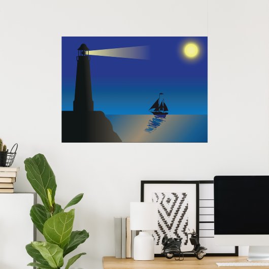 Vuurtoren en zeilboot bij nacht maanverlichte ocea poster (Thuiskantoor)