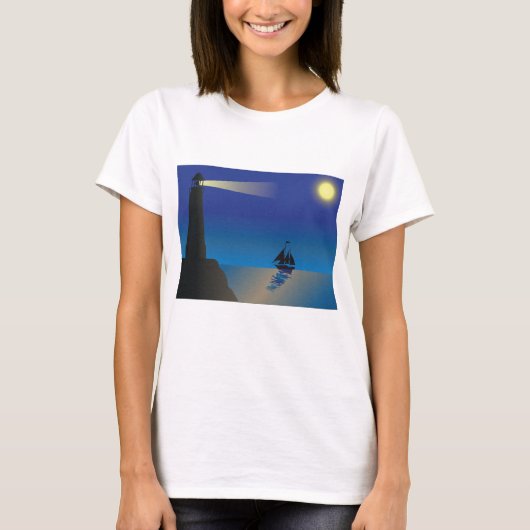 Vuurtoren en zeilboot bij nacht maanverlichte ocea t-shirt (Voorkant)