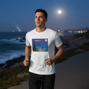 Vuurtoren en zeilboot bij nacht maanverlichte ocea t-shirt