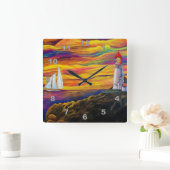 Vuurtoren en zeilboot op de Sunset Ocean Vierkante Klok (Huis)