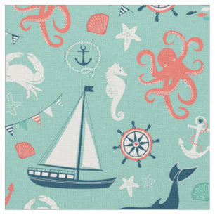 Vuurtoren en zeilboten Nautical Aqua Fabric Stof