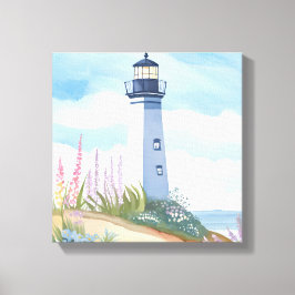Vuurtoren in Bloom | Waterverf langs de kust Canvas Afdruk