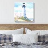 Vuurtoren in Bloom | Waterverf langs de kust Canvas Afdruk (Insitu (Slaapkamer))