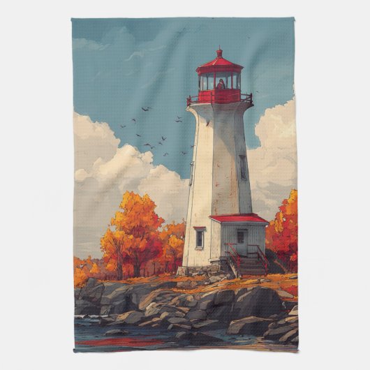 Vuurtoren in de herfst Herfst Theedoek (Verticaal)