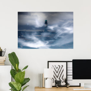 Vuurtoren in de storm - Oostzee-Zee Poster