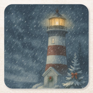 Vuurtoren in Snowstorm Vierkante Kartonnen Onderzetter