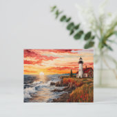 Vuurtoren kustlandschap quilten stijl briefkaart (Staand voorkant)