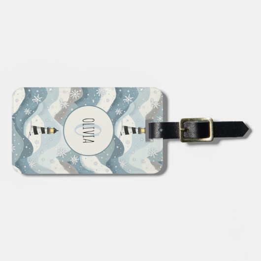 Vuurtoren met ijzige golven Winter Nautisch Monogr Bagagelabel (Voorkant horizontaal)