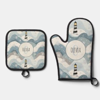 Vuurtoren met ijzige golven Winter nautisch monogr Ovenwant & Pannenlap Set