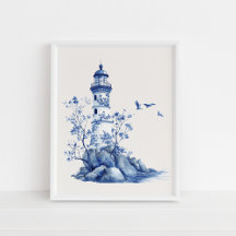 Vuurtoren met zeemeeuwen - Coastal Blue op Beige