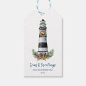 Vuurtoren Nautische Zeeen & Groeten Kerstmis Cadeaulabel (Voorkant)