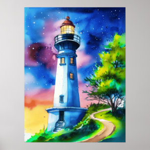 Vuurtoren onder een sterrenhemel poster