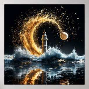 🌙 Vuurtoren onder gouden maan Kustnacht Poster