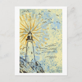 vuurtoren op klif, spuitwater van zee uit de oceaa briefkaart