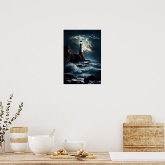 Vuurtoren op Rocky Cliff met Waves Crashing Poster (Keuken)