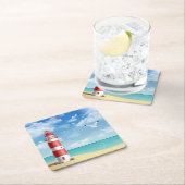 Vuurtoren op strand vierkante kartonnen onderzetter (Insitu)