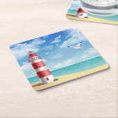 Vuurtoren op strand vierkante kartonnen onderzetter (Schuin)