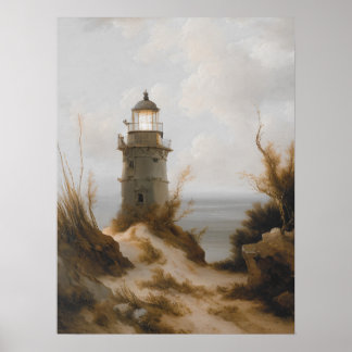 Vuurtoren op strandafdruk,  kunst, nautische poster