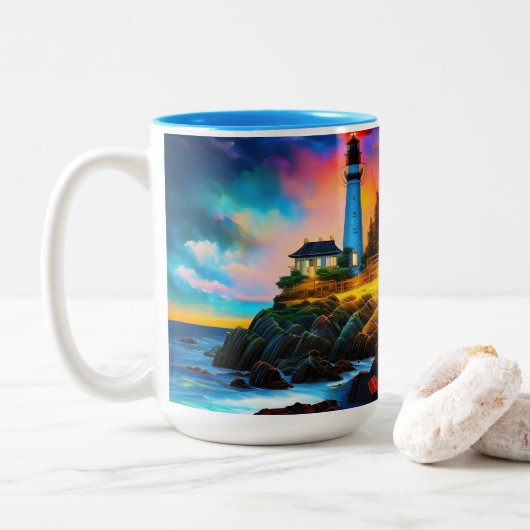 vuurtoren op zonsondergang tweekleurige koffiemok (Met donut)