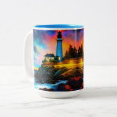 vuurtoren op zonsondergang tweekleurige koffiemok (Voorkant links)