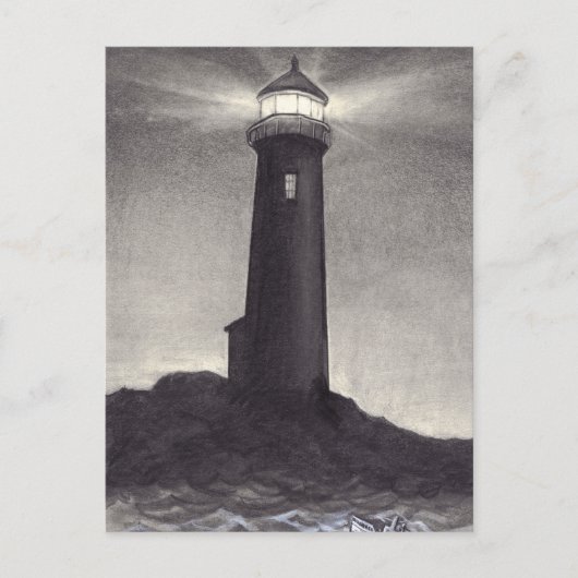 Vuurtoren 's nachts die een navigatielicht schijne briefkaart (Voorkant)