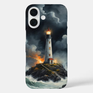 Vuurtoren 's nachts in stormachtige zee bedekt iPhone 16 hoesje