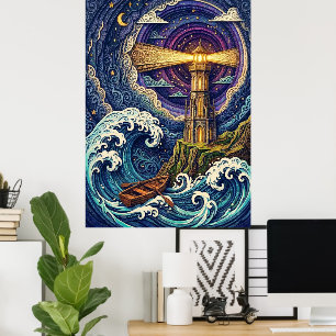 vuurtoren 's nachts met golven poster