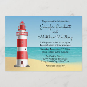 Vuurtoren strand Blauwe Nautical Wedding Kaart