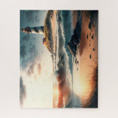 vuurtoren, strand, oceaan, golven, puzzel (Verticaal)