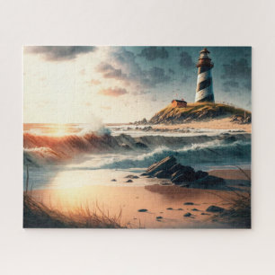 vuurtoren, strand, oceaan, golven, puzzel