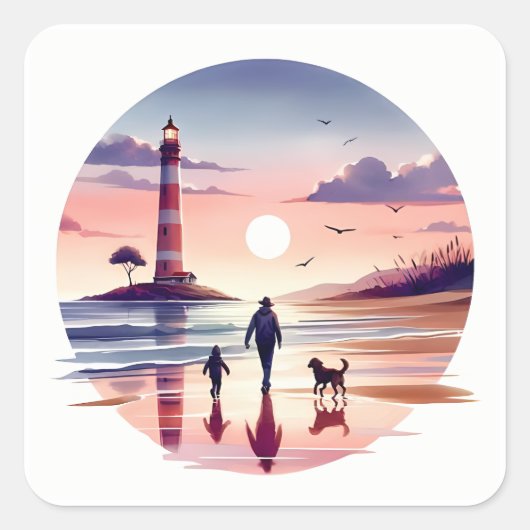 Vuurtoren Sunset Walk Coastal Scene Vierkante Sticker (Voorkant)