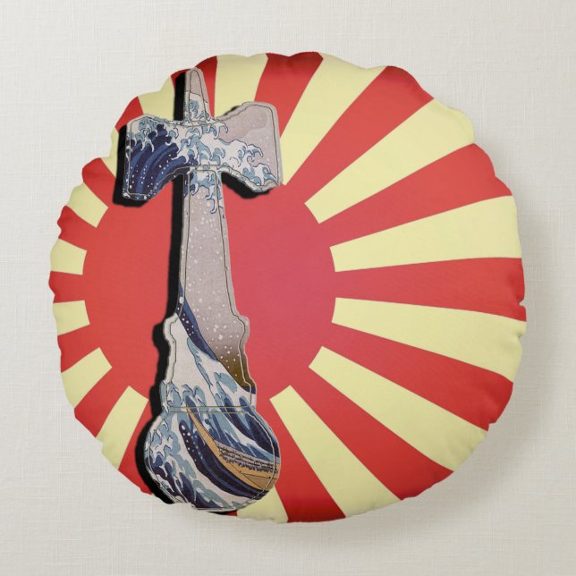 vuurtoren van Kendama Wave met  Japanse vlag Rond Kussen (Voorkant)