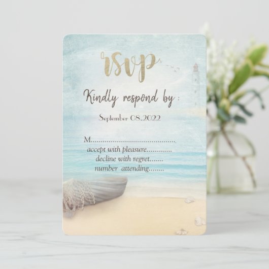Vuurtoren voor boot op het strand RSVP Kaart (Staand voorkant)