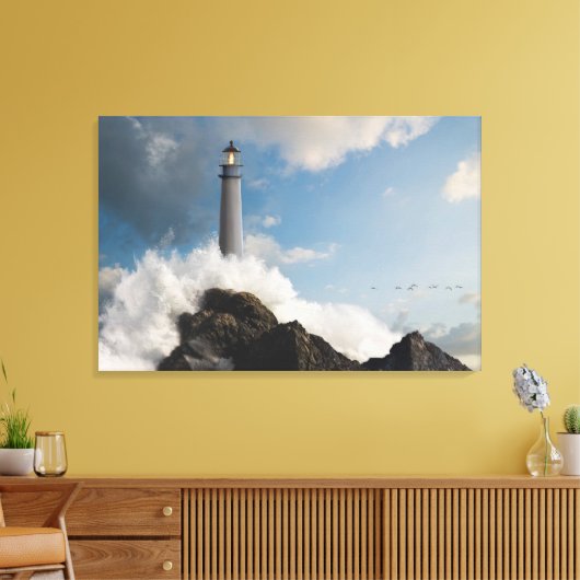 vuurtoren | Vuurtoren met drijfgolven Canvas Afdruk (Insitu (Woonkamer))