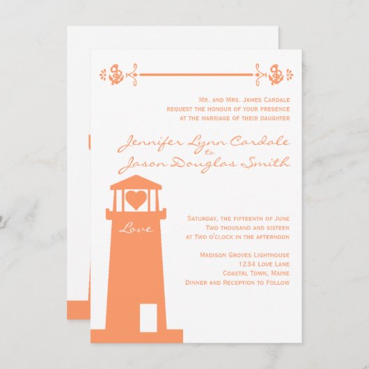 Vuurtoren Weddenschap Koraal Nautische uitnodiging (Voorkant / Achterkant)