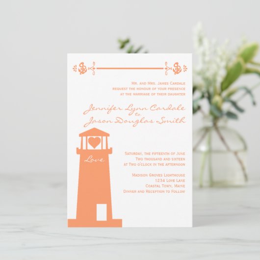 Vuurtoren Weddenschap Koraal Nautische uitnodiging (Staand voorkant)