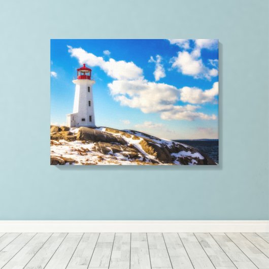 vuurtoren | Winter in Peggy's Cove, Nova Scotia Canvas Afdruk (Insitu (Houten vloer))