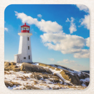 vuurtoren   Winter in Peggy's Cove, Nova Scotia Vierkante Kartonnen Onderzetter