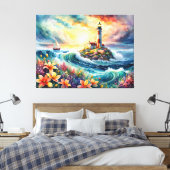Vuurtoren Zeilboot Floral Beauty Waterverf Canvas Afdruk (Insitu (Slaapkamer))