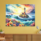 Vuurtoren Zeilboot Floral Beauty Waterverf Canvas Afdruk (Insitu (Woonkamer))