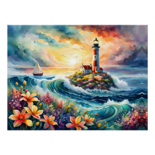 Vuurtoren Zeilboot Floral Beauty Waterverf Perfect Poster