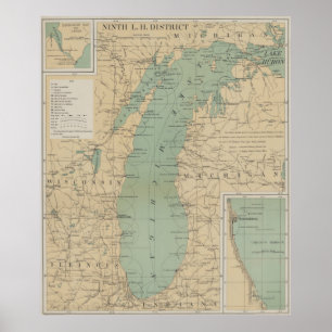 vuurtorenkaart van het meer Michigan (1898) Poster