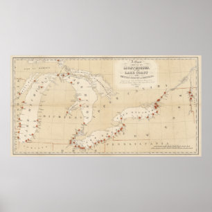 vuurtorenkaart voor de Grote Meren (1848) Poster